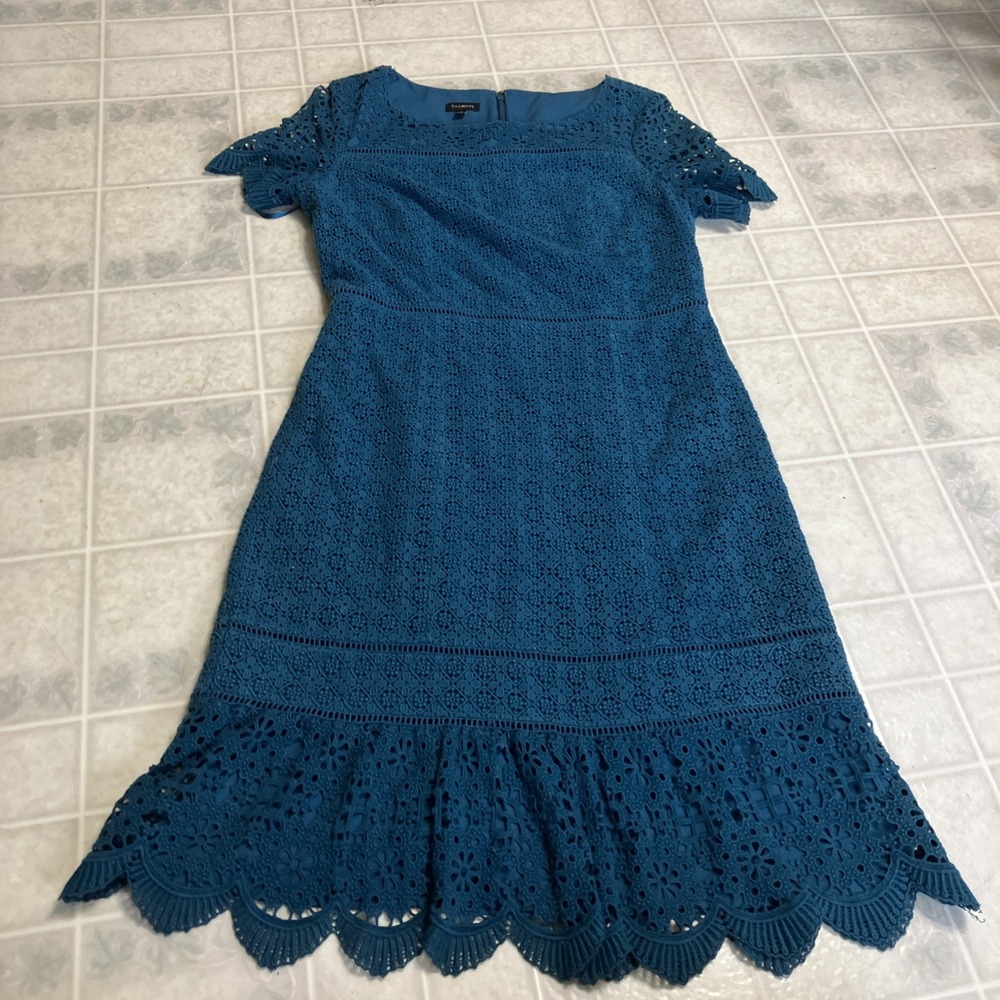 Talbots Turquoise Cotton Lace Sheath Dress Ruffle Hem Short Slv Size 6 Old Money